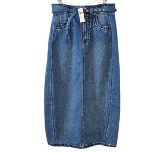 Anthropologie Pilcro Barrel Denim Midi Skirt, Blue, Belted, Cotton, Tencel, Sz 2